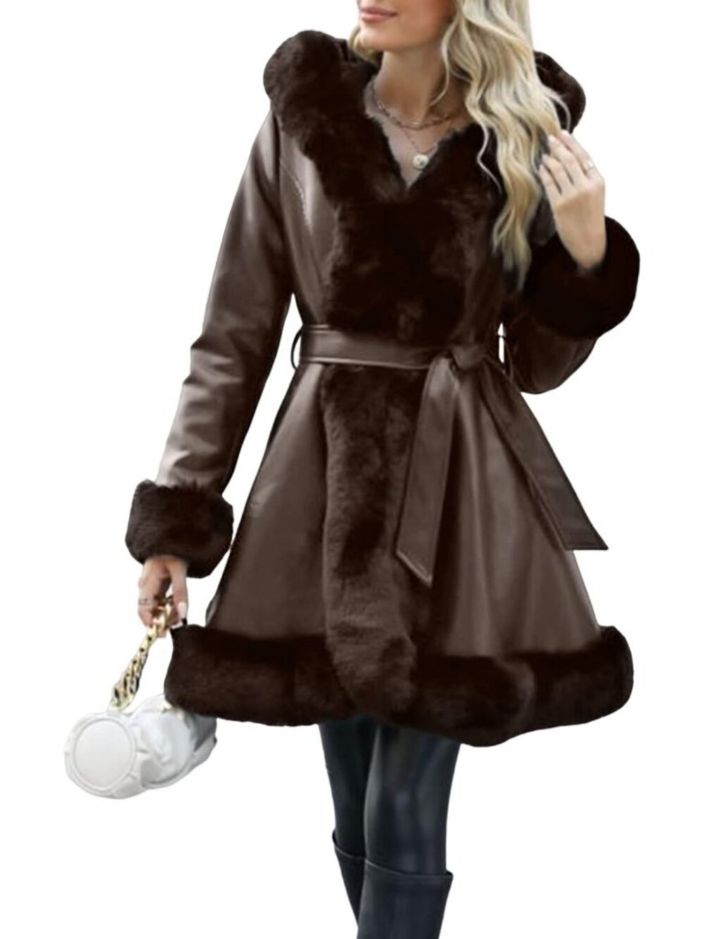 Chic Women's Faux Leather Jacket with Furry Trim, Stylish Parka Coat for Fall